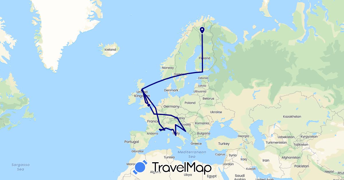 TravelMap itinerary: driving in Austria, Germany, Finland, France, United Kingdom, Croatia, Italy, Slovenia (Europe)